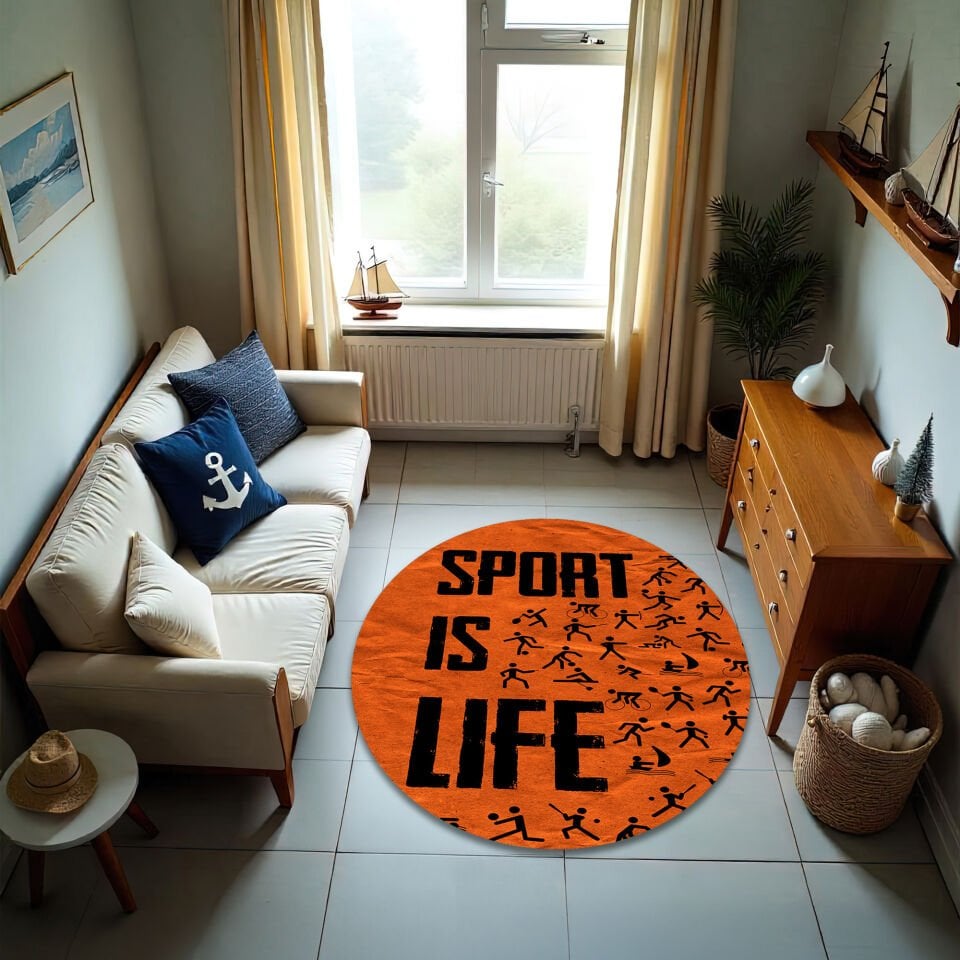 ''SPORT IS LIFE'' Rug – Bold Orange Sports-Themed Carpet for Active Lifestyles