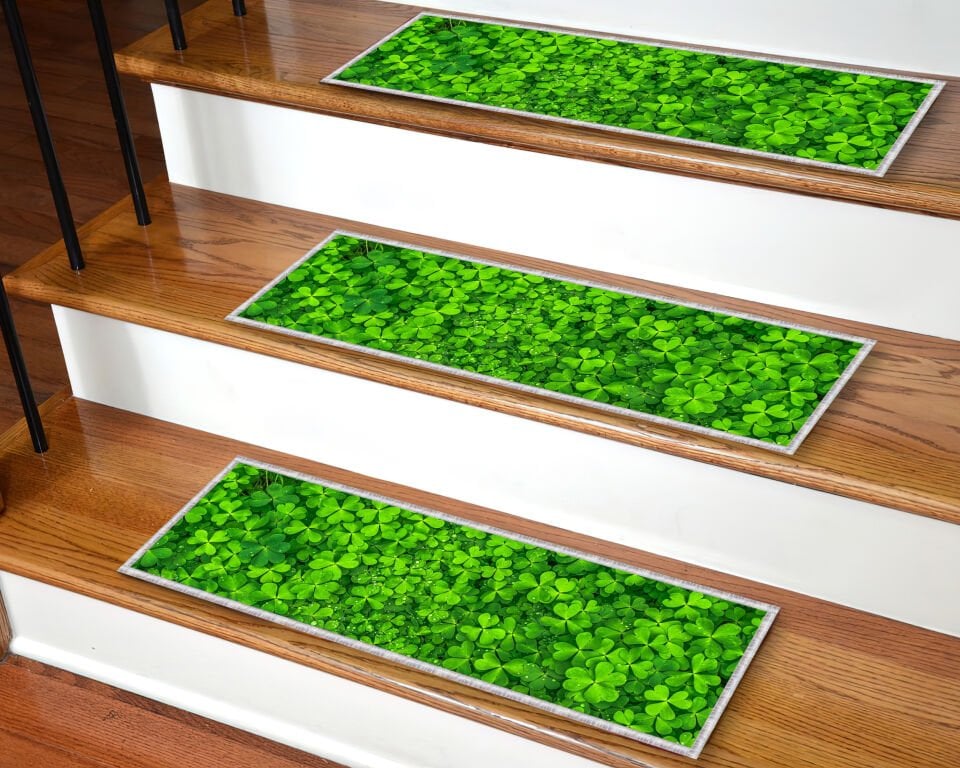 Green Clover Leaf Print Stair Treads – Nature Inspired Non-Slip Carpet Mats