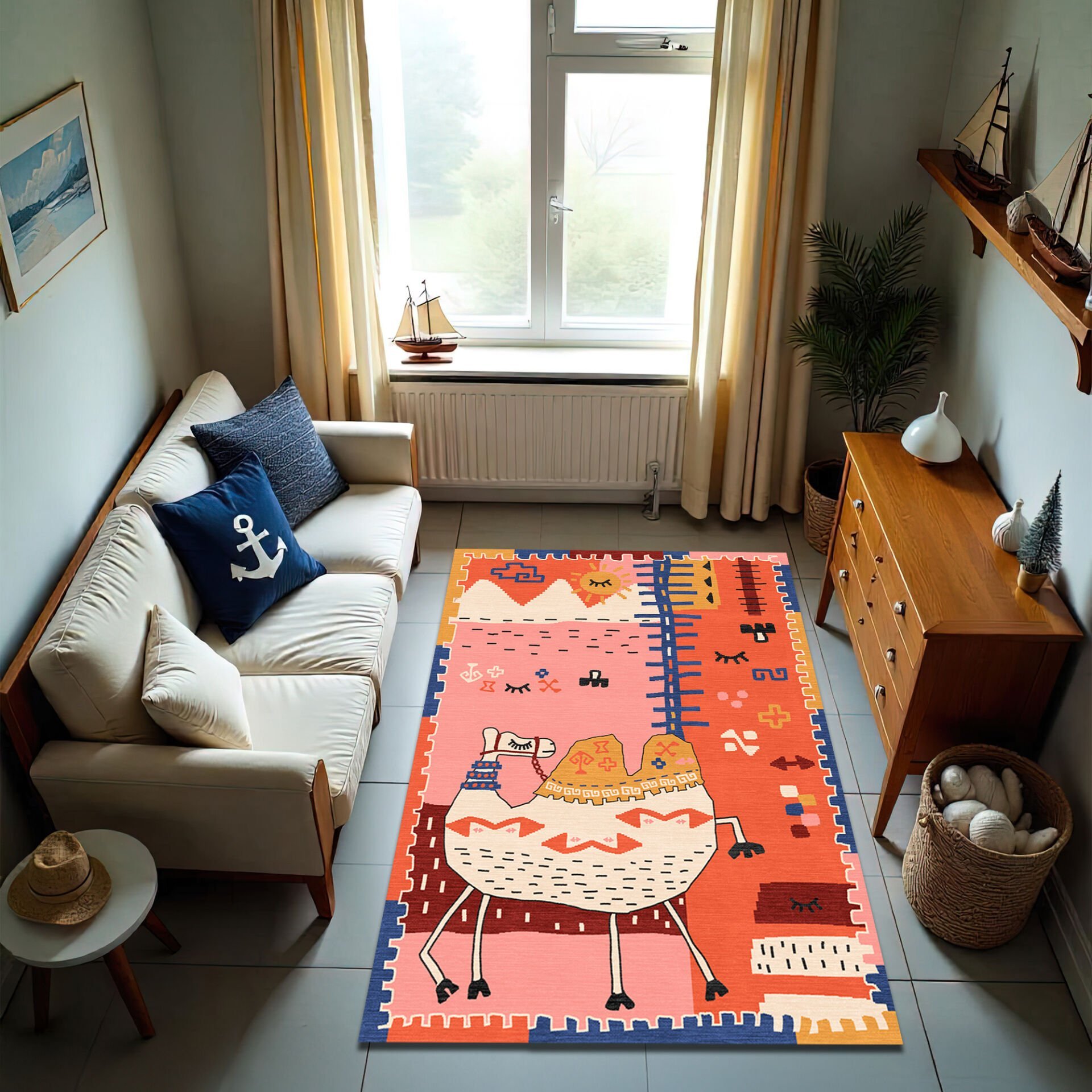 Orange Camel Rug – Vibrant Boho Kids Room Carpet