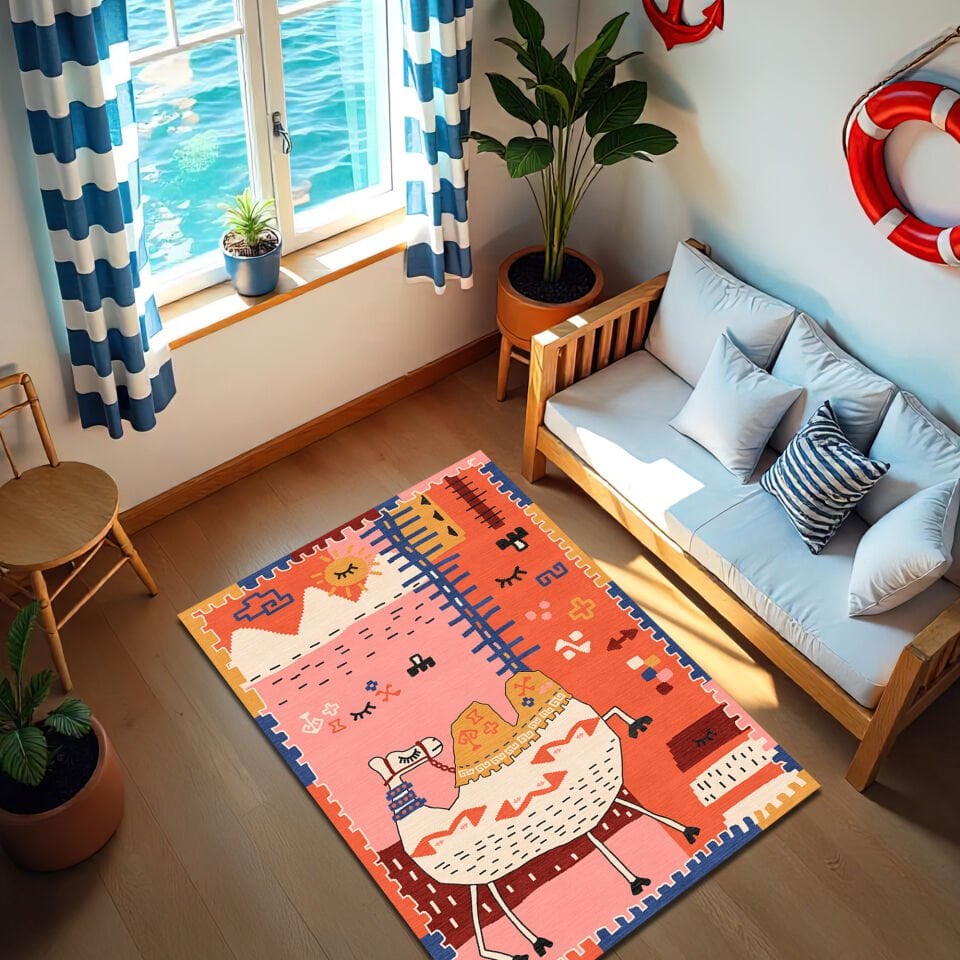 Orange Camel Rug – Vibrant Boho Kids Room Carpet