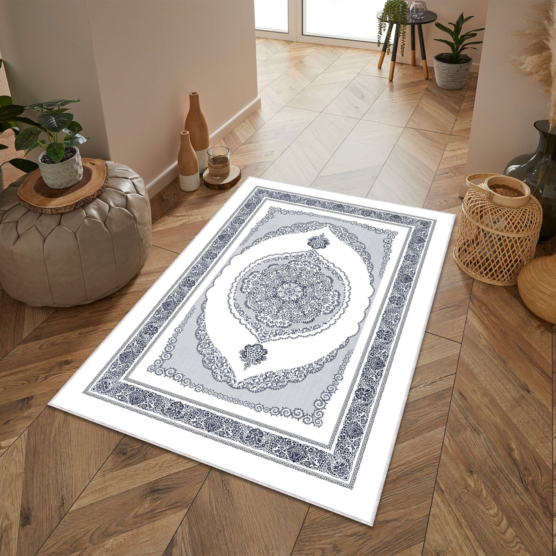 White Oriental Medallion Rug Elegant Classic Pattern Decorative Carpet