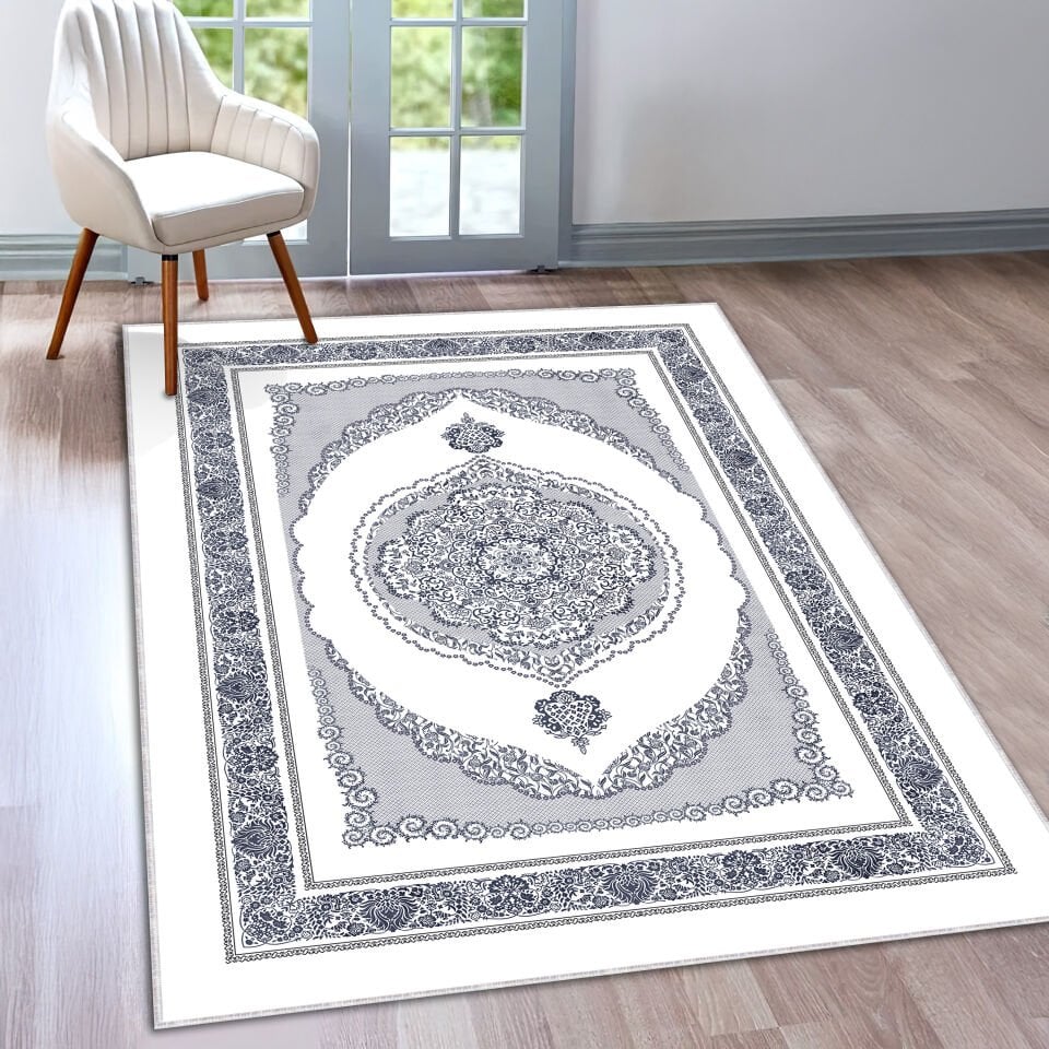 White Oriental Medallion Rug Elegant Classic Pattern Decorative Carpet