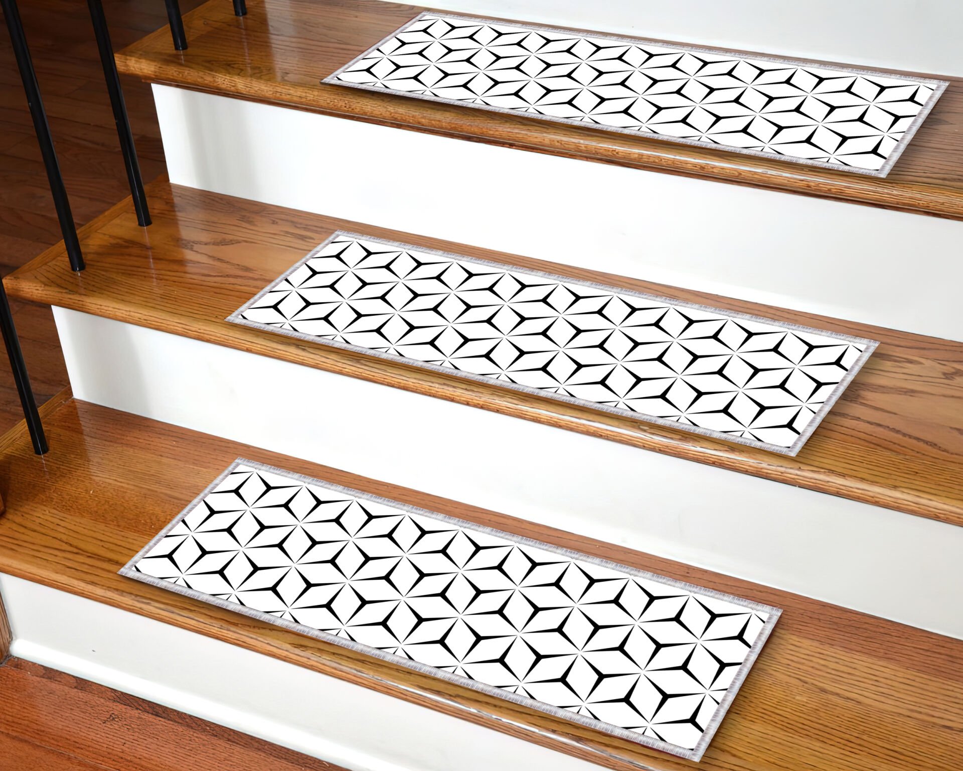 Modern Geometric Stair Tread Rug – Black & White Optical Illusion Design