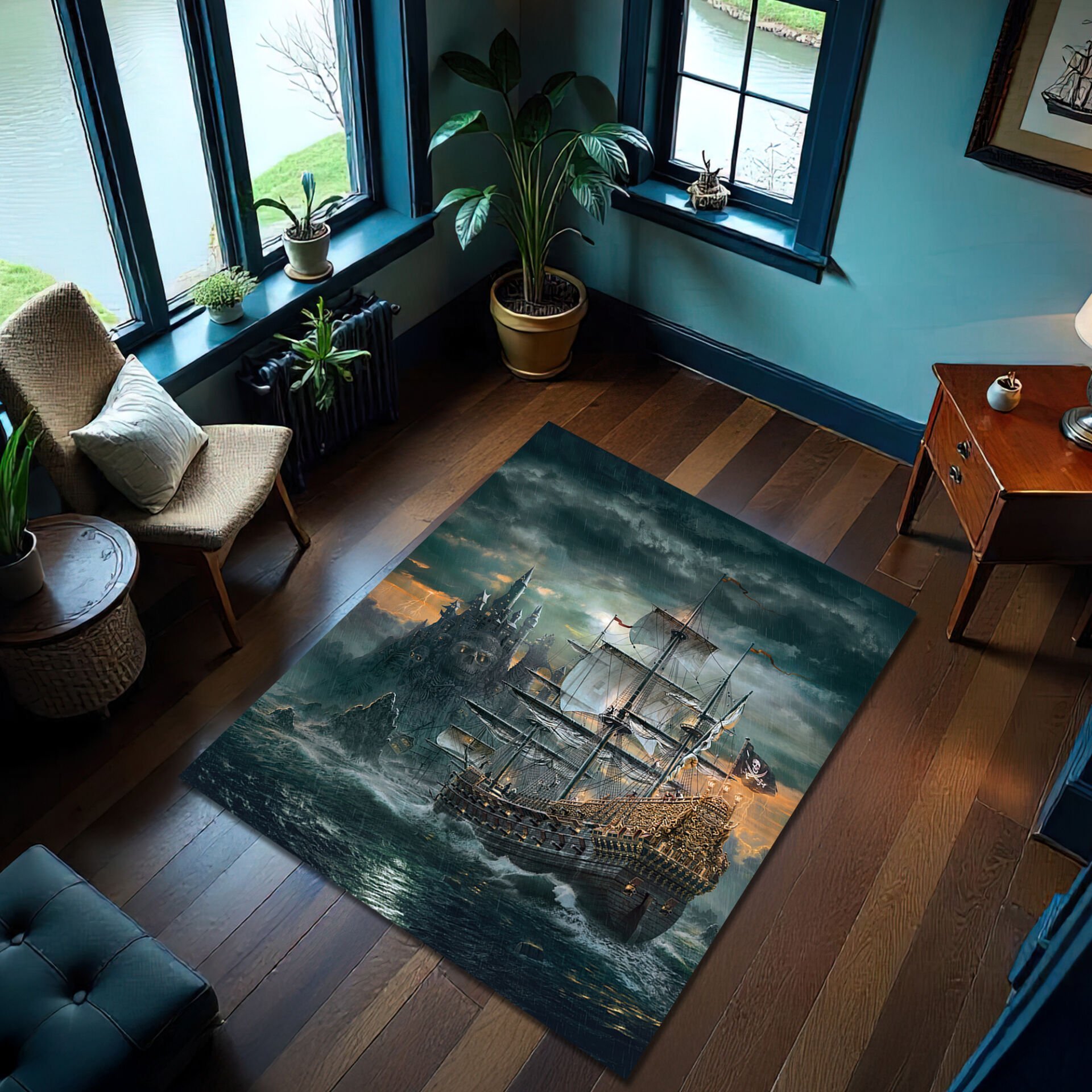Pirate Ship Adventure Rug – Stormy Ocean Scene Living Room Carpet