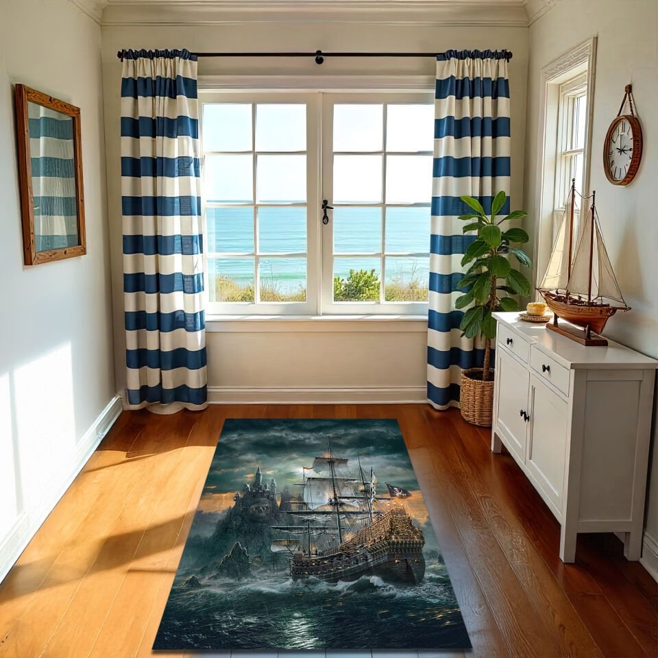 Pirate Ship Adventure Rug – Stormy Ocean Scene Living Room Carpet