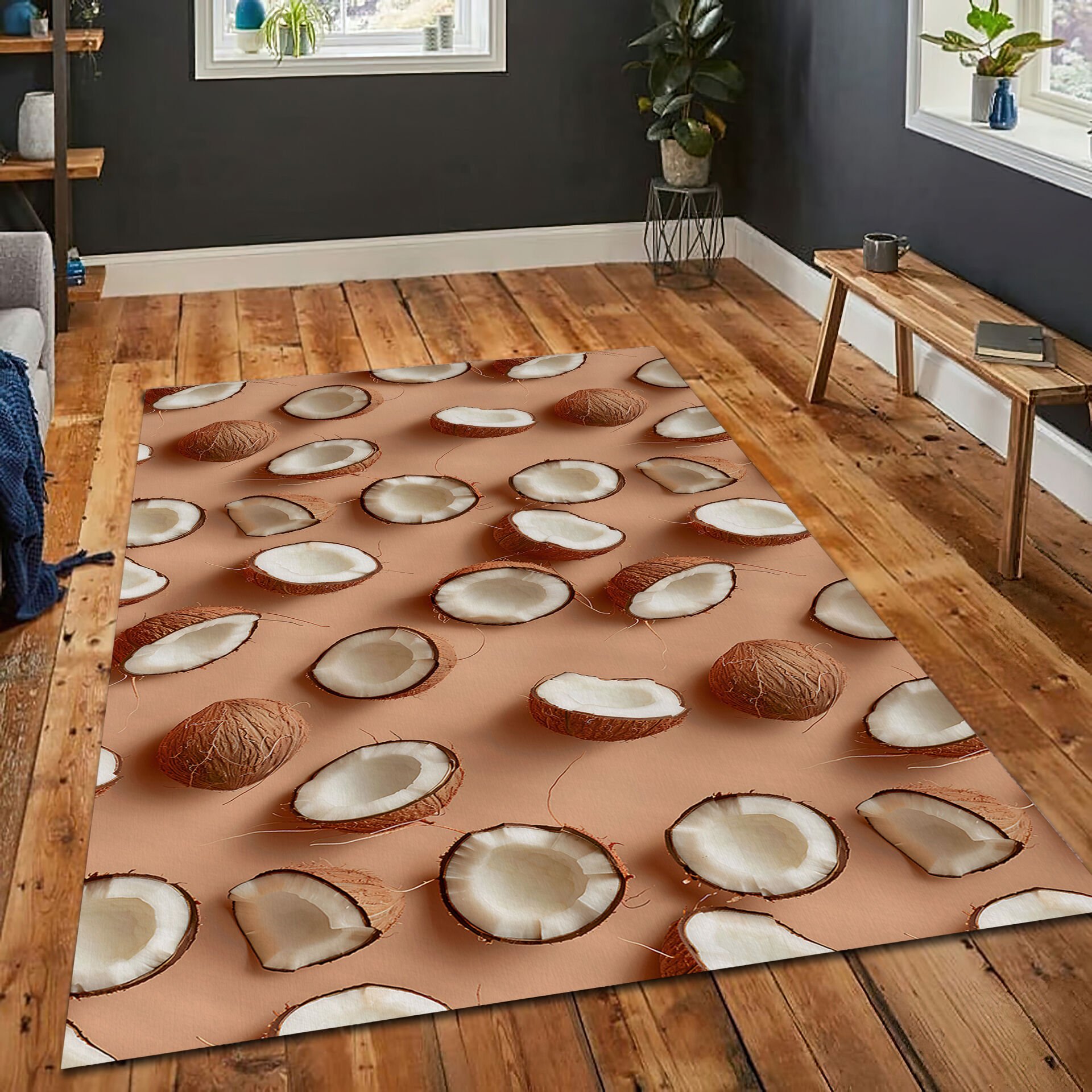 Coconut Rug Tropical Beach Style Carpet Brown and White Pattern Area Rug for Living Room Bedroom Decor