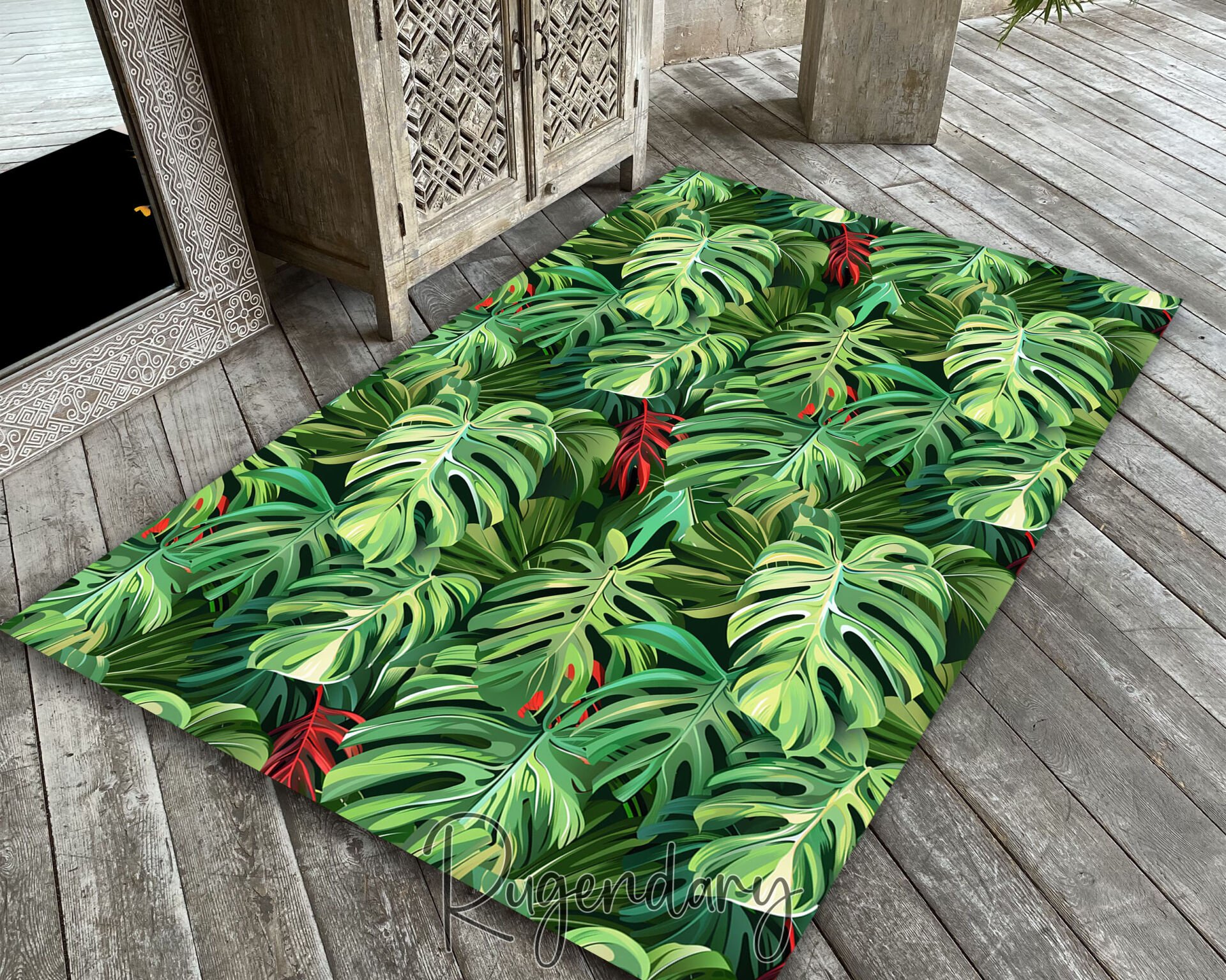 Tropical Green Monstera Leaf Living Room Rug – Fresh Jungle Style Carpet