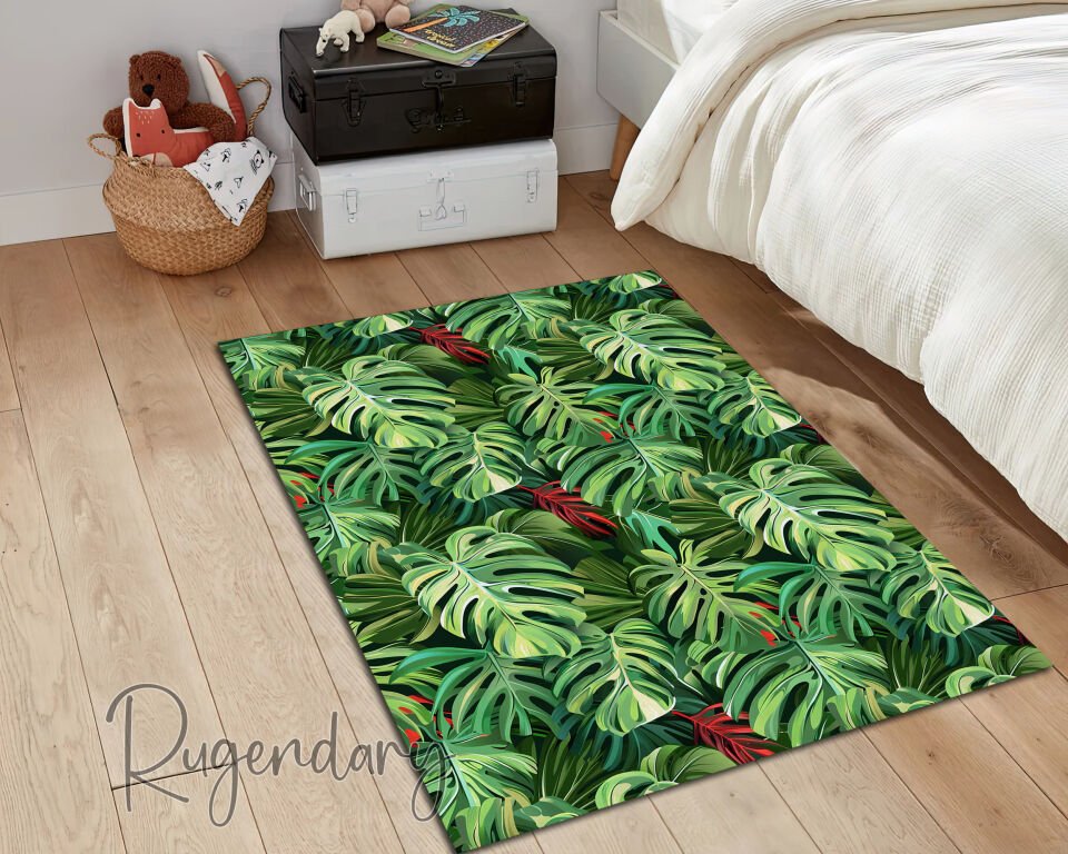 Tropical Green Monstera Leaf Living Room Rug – Fresh Jungle Style Carpet