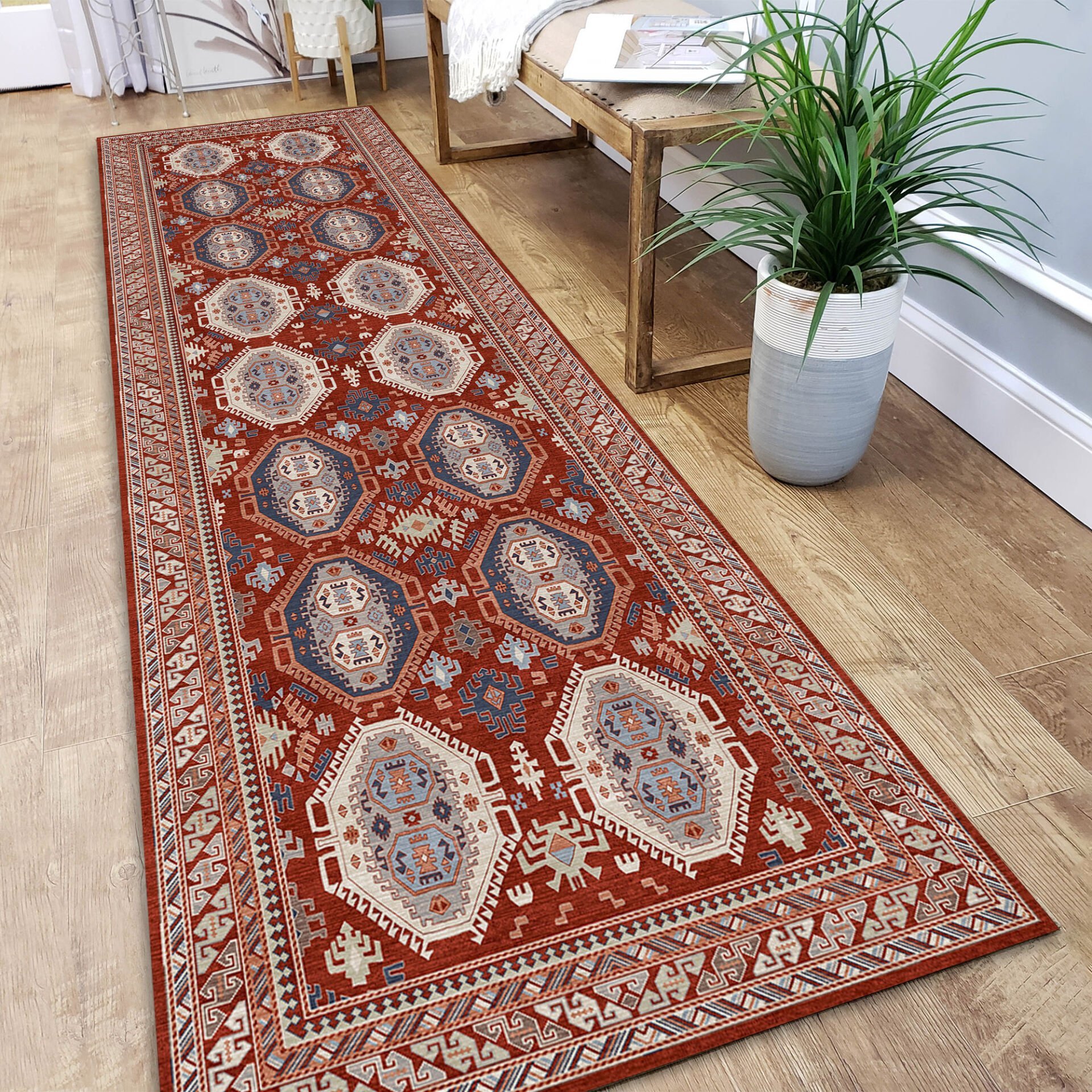 Red Oriental Runner Rug Geometric Tribal Pattern Decorative Carpet