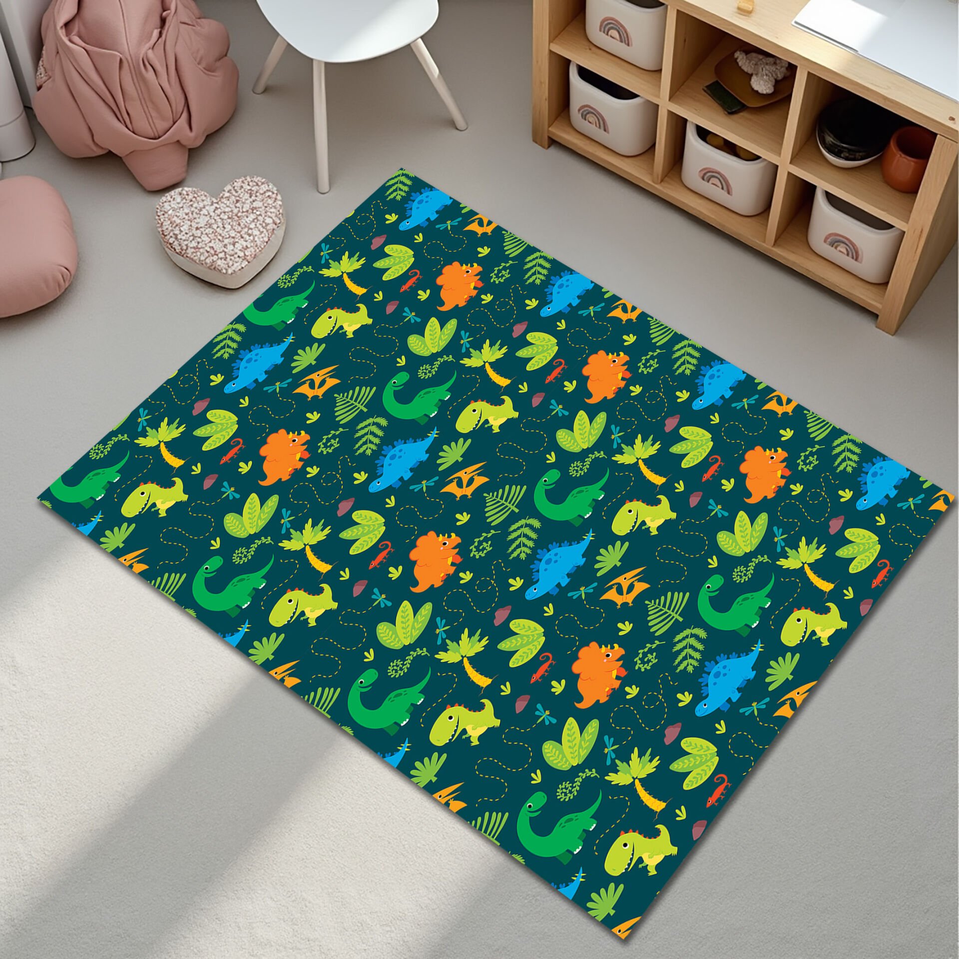Cute Dino Pattern Kids Rug – Dark Background Play Mat for Toddlers