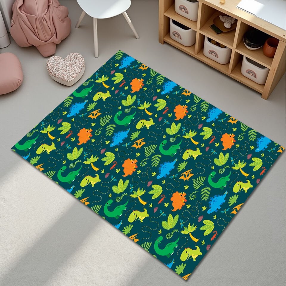 Cute Dino Pattern Kids Rug – Dark Background Play Mat for Toddlers