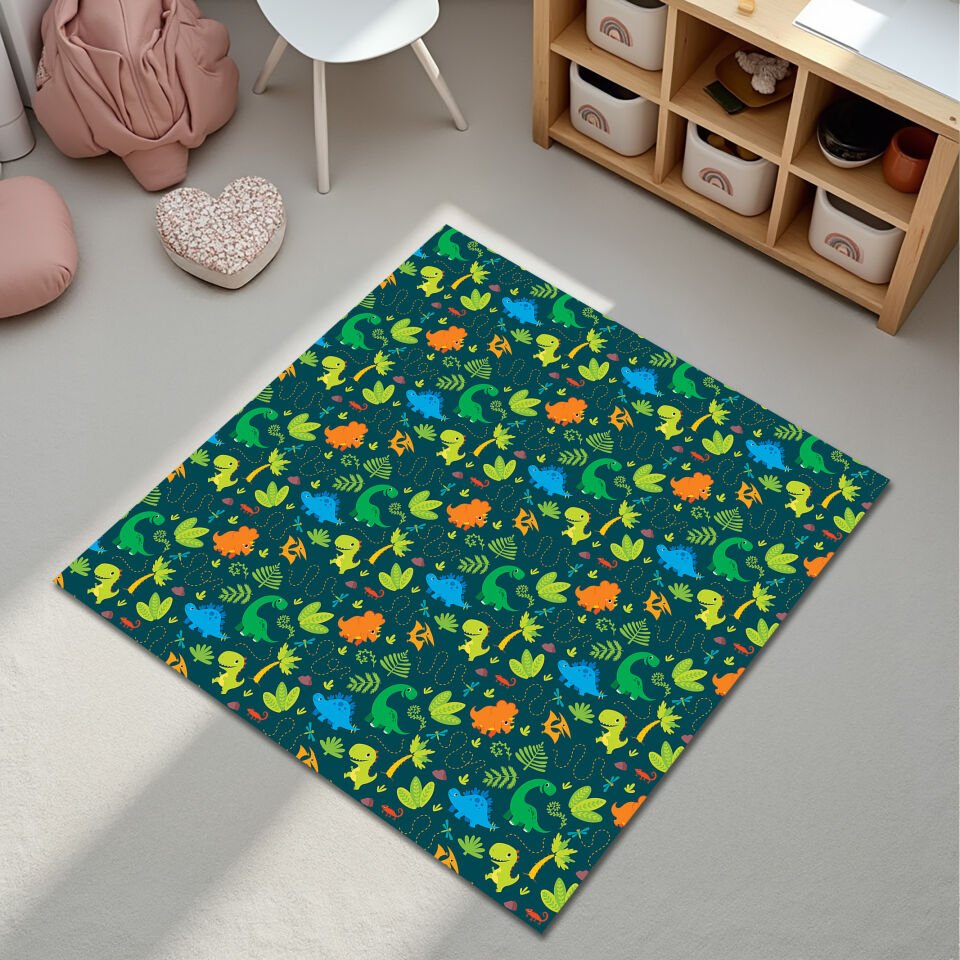 Cute Dino Pattern Kids Rug – Dark Background Play Mat for Toddlers