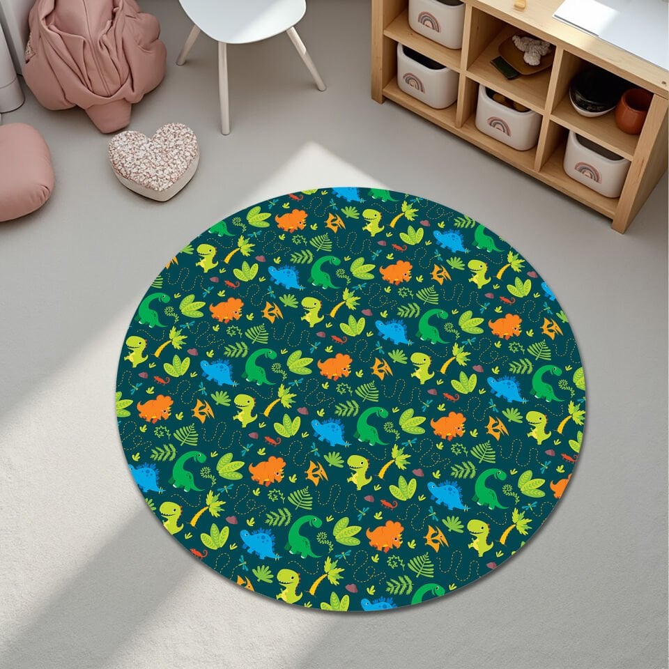 Cute Dino Pattern Kids Rug – Dark Background Play Mat for Toddlers