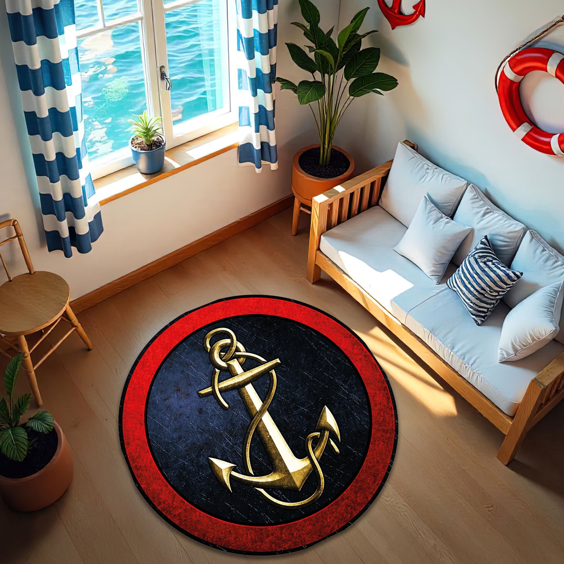Bold Nautical Anchor Rug – Round Rug with Gold & Red Maritime Style