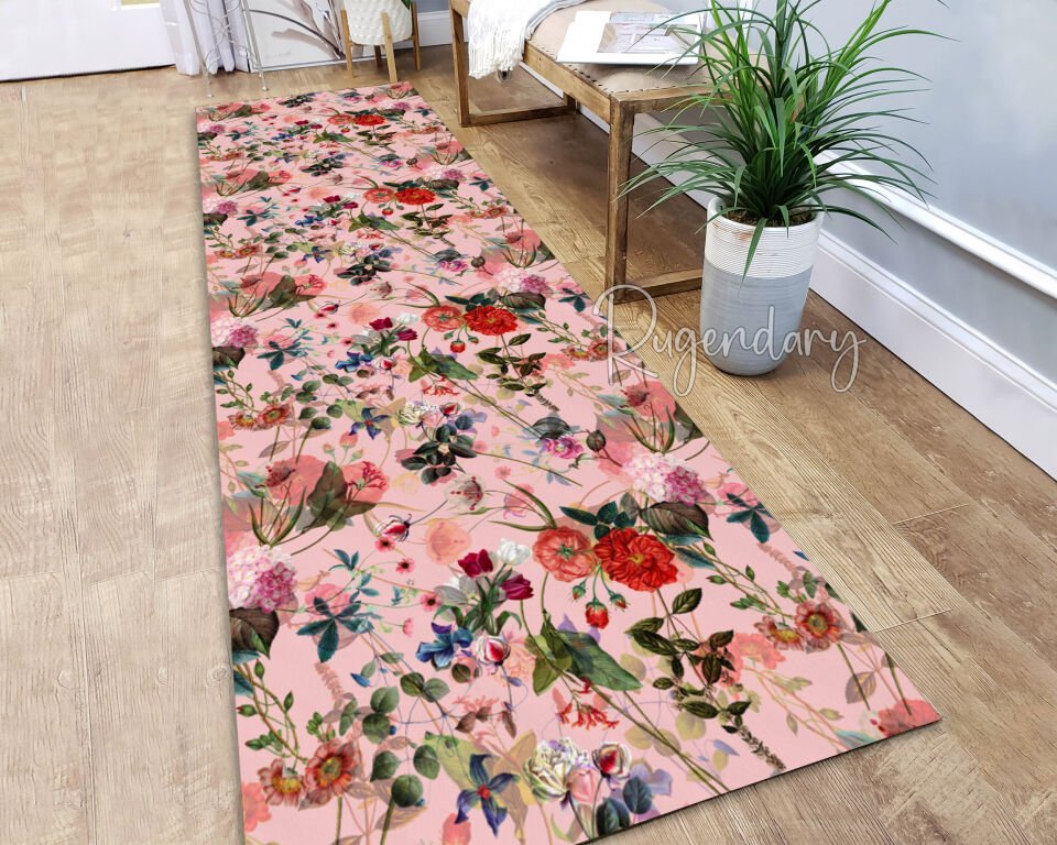Floral Pink Runner Rug – Elegant Botanical Print Hallway Carpet