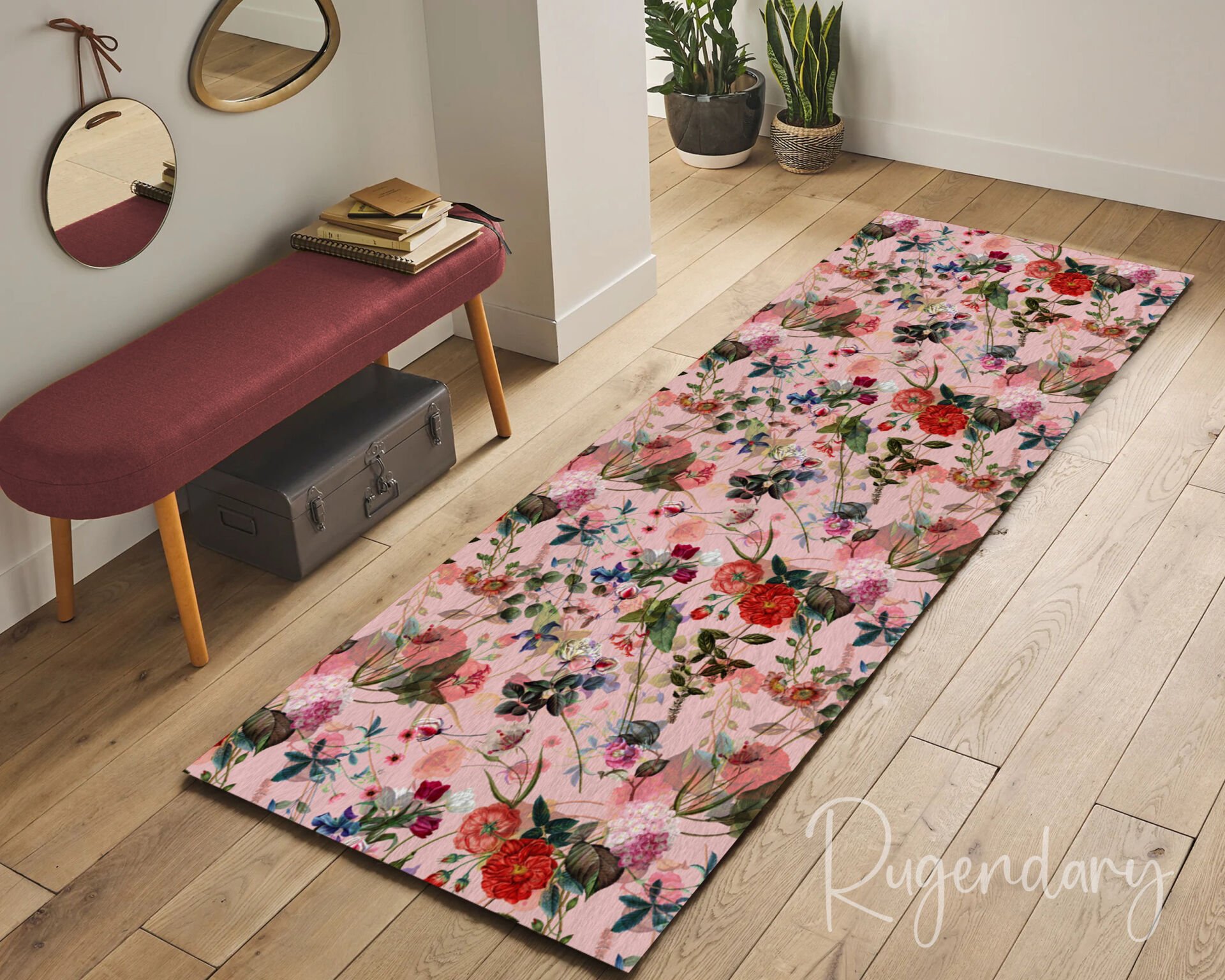 Floral Pink Runner Rug – Elegant Botanical Print Hallway Carpet