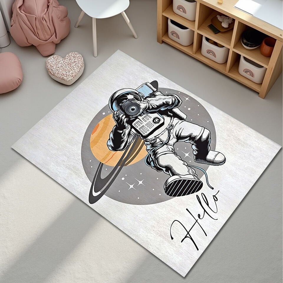 Astronaut ''Hello'' Kids Rug – Outer Space Themed Playroom Carpet