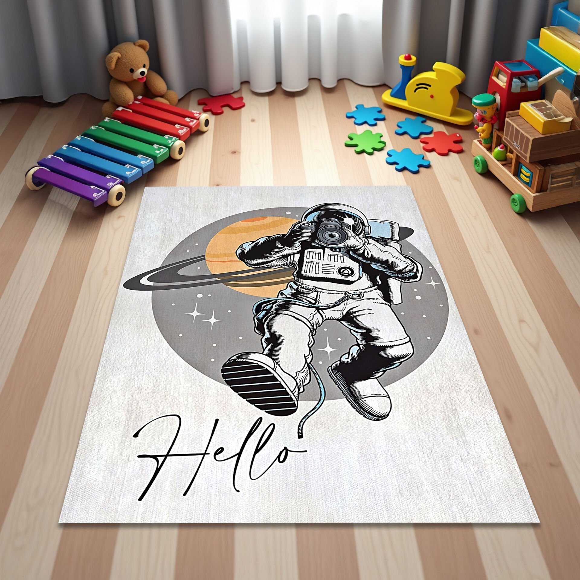 Astronaut ''Hello'' Kids Rug – Outer Space Themed Playroom Carpet