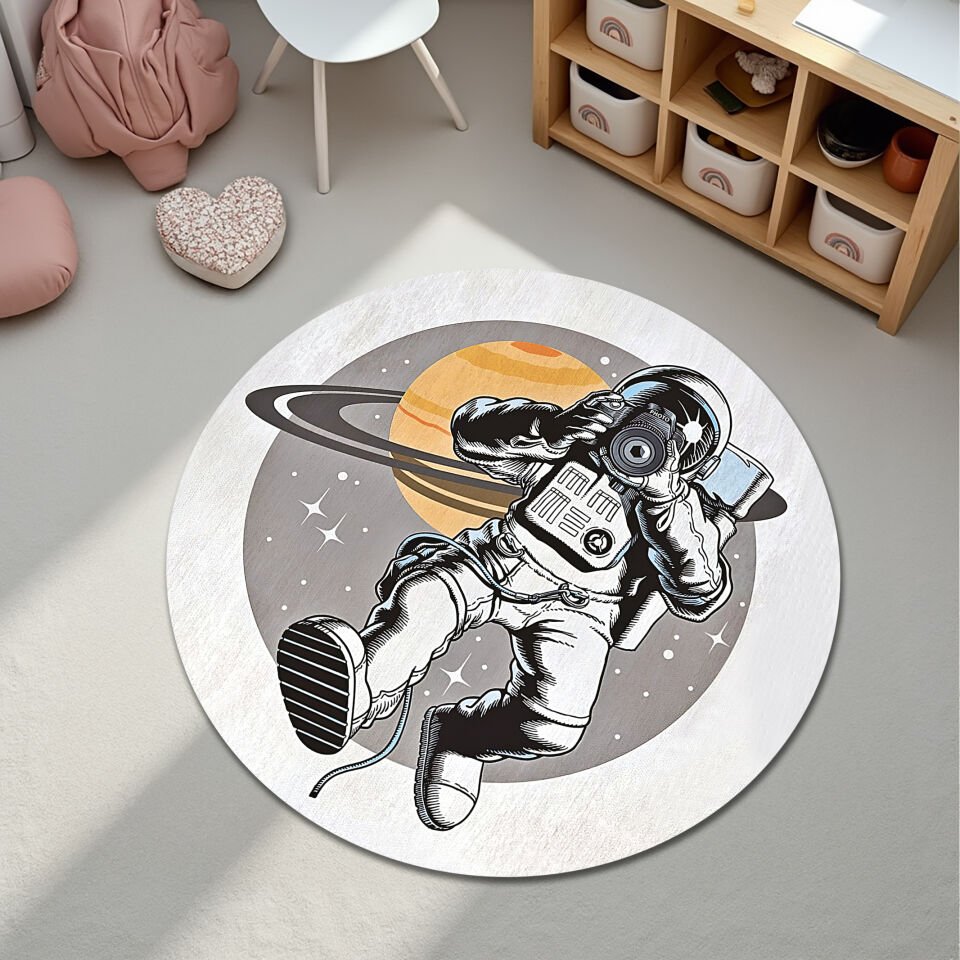 Astronaut ''Hello'' Kids Rug – Outer Space Themed Playroom Carpet