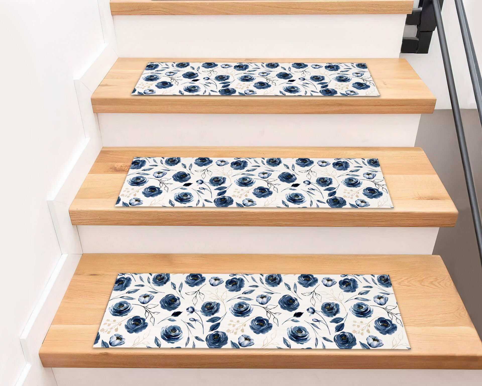 Elegant Blue Rose Stair Treads – Vintage Floral Step Mats