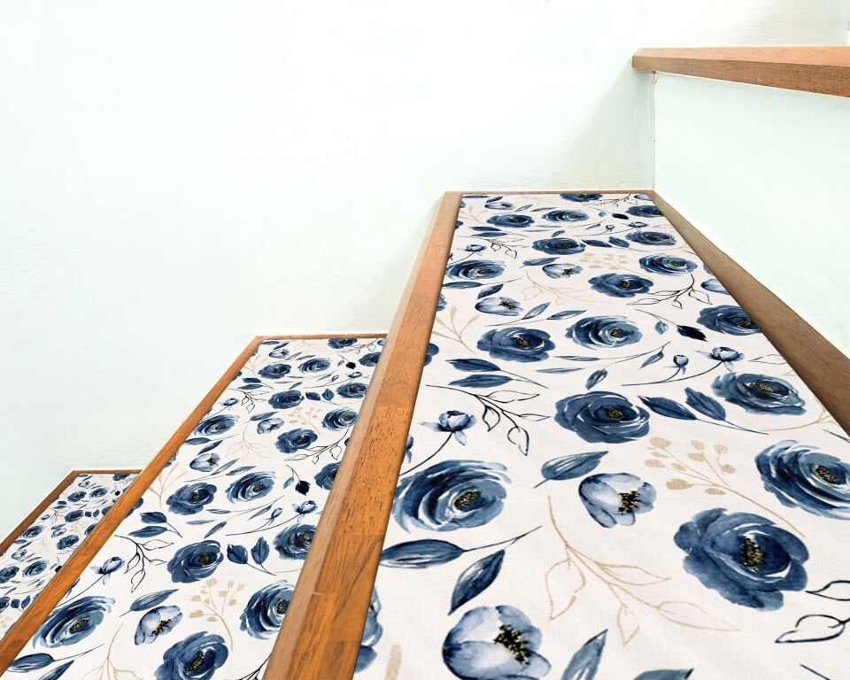 Elegant Blue Rose Stair Treads – Vintage Floral Step Mats