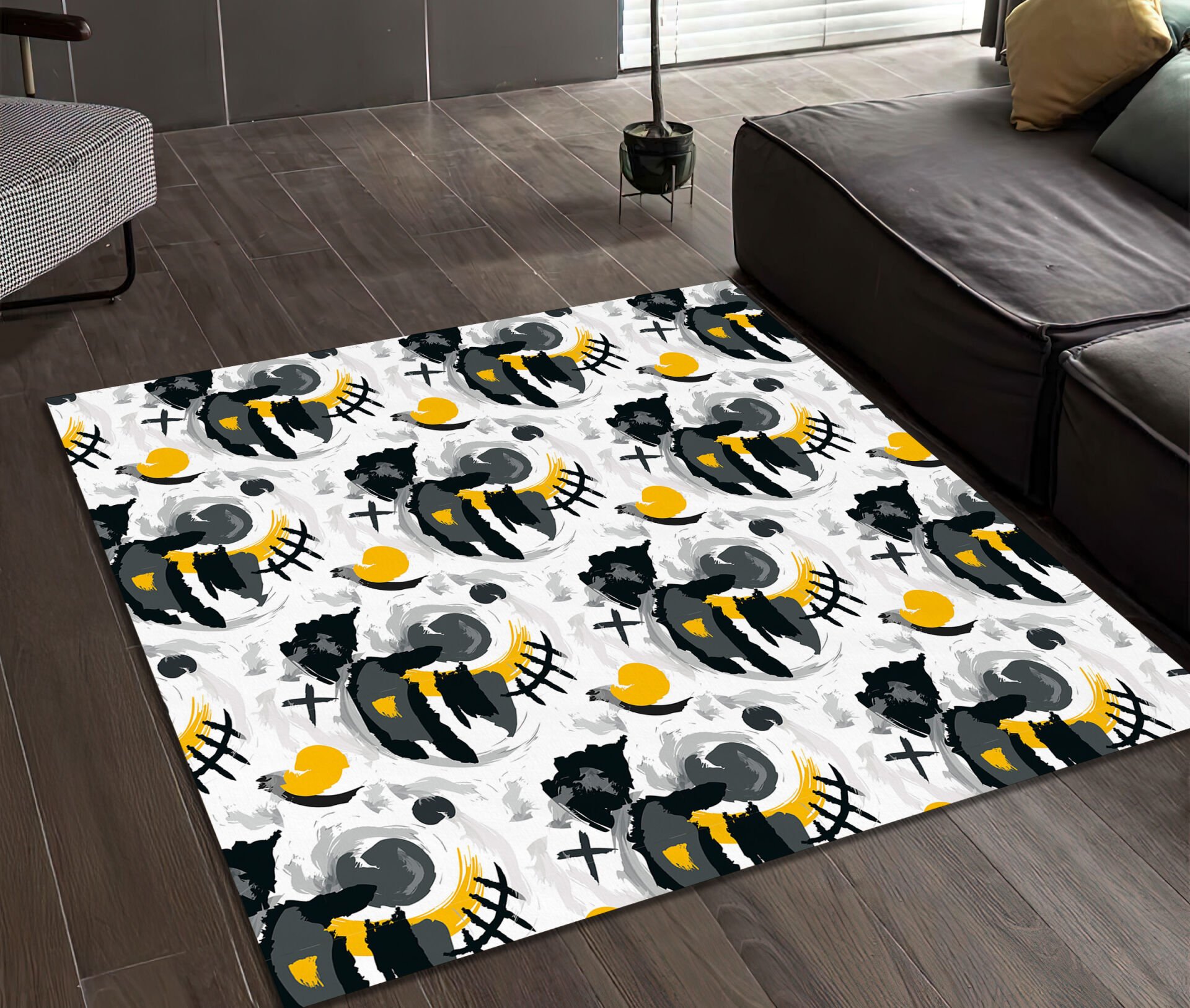Abstract Black Grey Yellow Rug Modern Contemporary Art Carpet for Living Room and Bedroom
