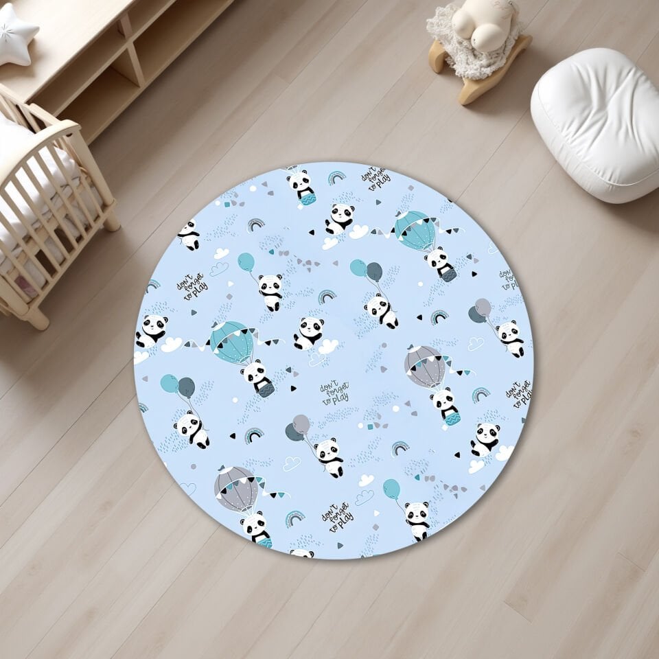 Playful Panda Hot Air Balloon Kids Room Rug - Soft Blue Nursery Carpet
