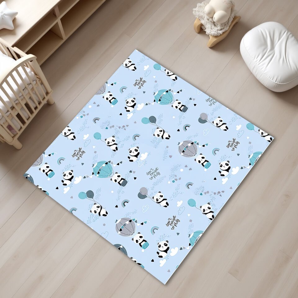 Playful Panda Hot Air Balloon Kids Room Rug - Soft Blue Nursery Carpet