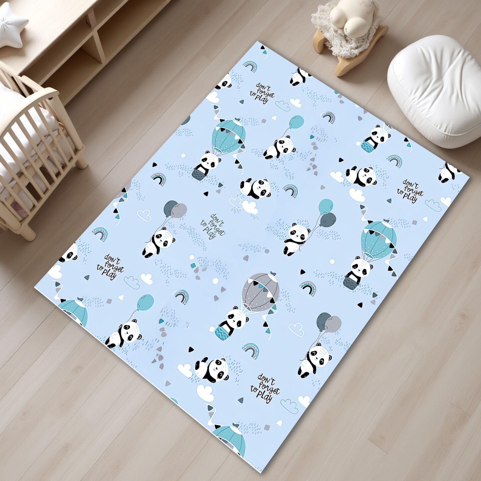 Playful Panda Hot Air Balloon Kids Room Rug - Soft Blue Nursery Carpet