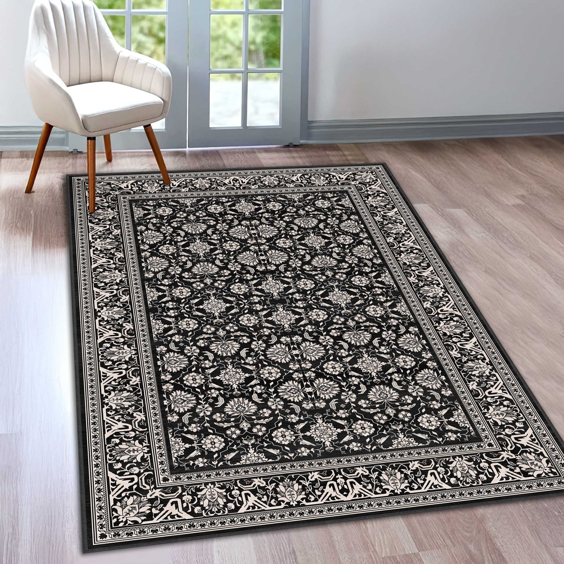 Ornate Black and Beige Floral Area Rug with Detailed Border Design