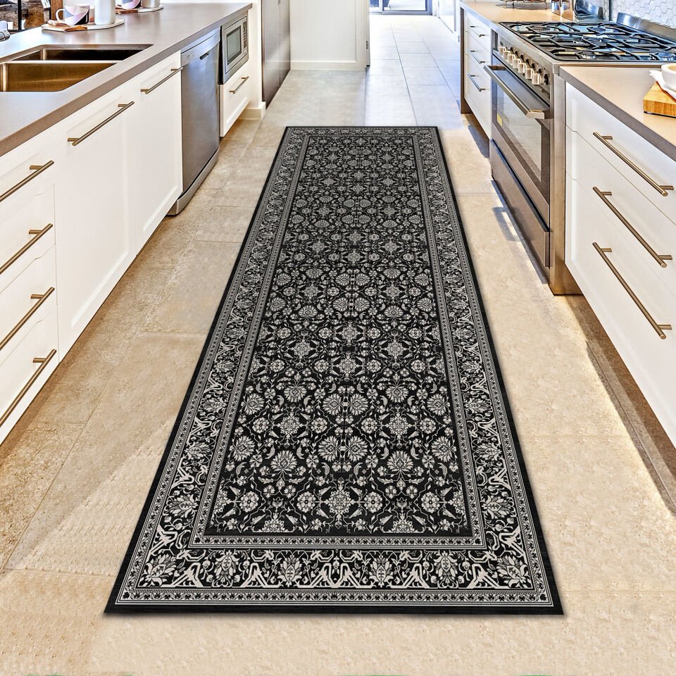 Ornate Black and Beige Floral Area Rug with Detailed Border Design