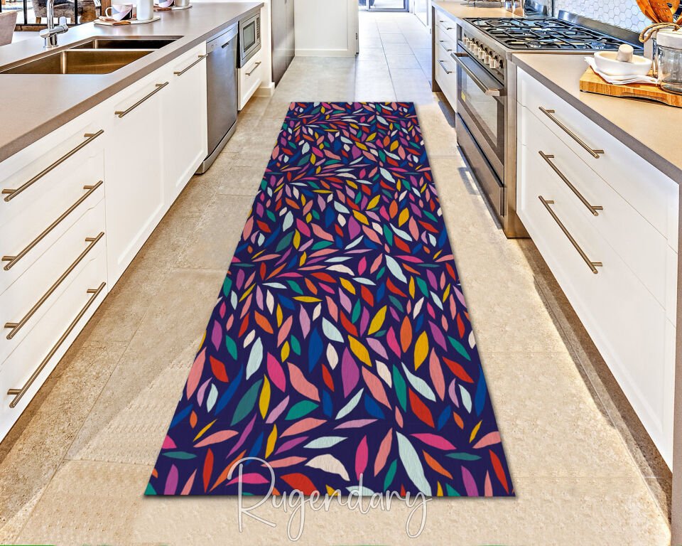 Purple Botanical Runner Rug – Colorful Leaf Patterned Hallway Carpet