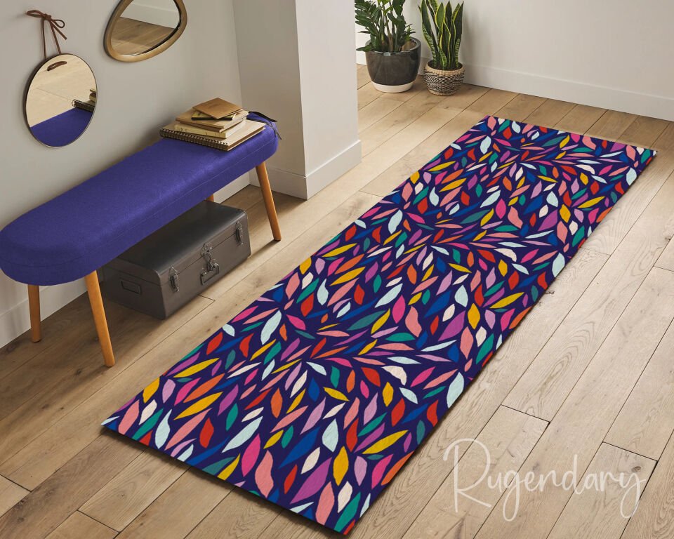 Purple Botanical Runner Rug – Colorful Leaf Patterned Hallway Carpet