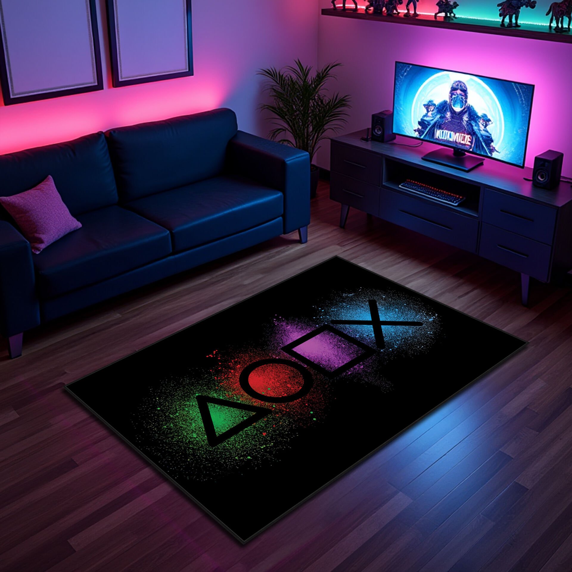 Neon PlayStation Symbols Gaming Rug – Vibrant Black Game Room Carpet for Gamers