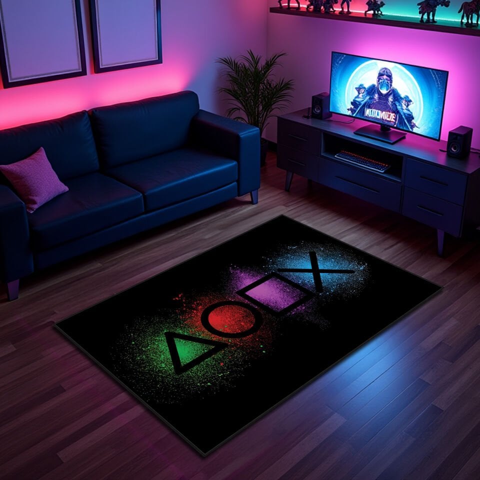 Neon PlayStation Symbols Gaming Rug – Vibrant Black Game Room Carpet for Gamers