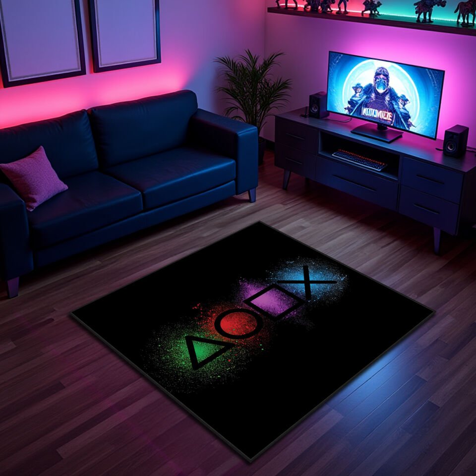 Neon PlayStation Symbols Gaming Rug – Vibrant Black Game Room Carpet for Gamers