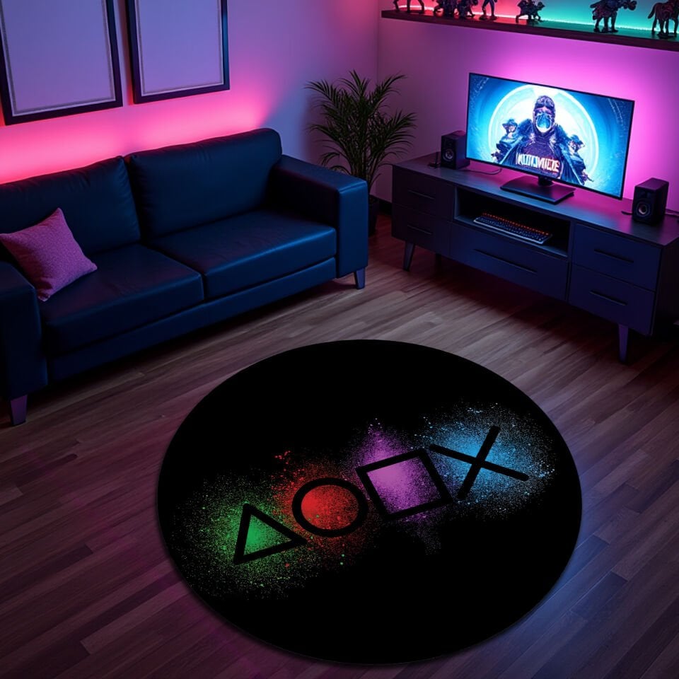 Neon PlayStation Symbols Gaming Rug – Vibrant Black Game Room Carpet for Gamers