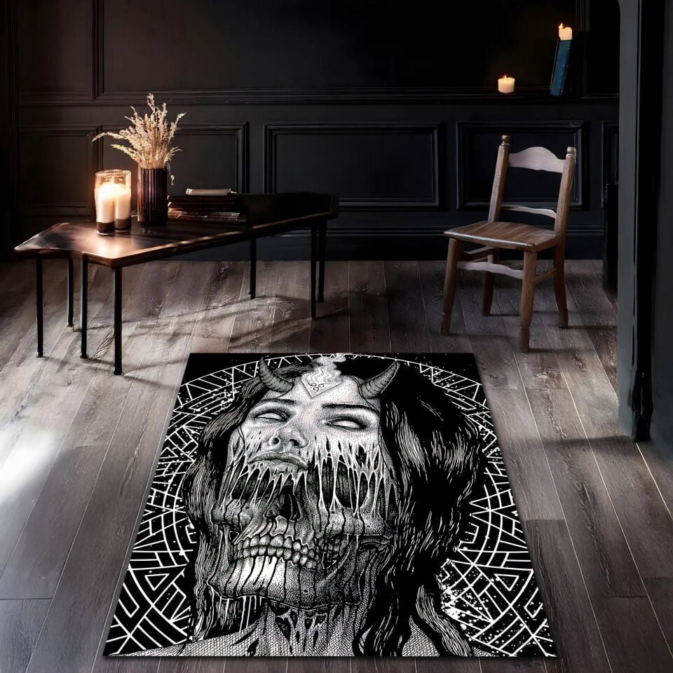 Gothic Witch Rug – Dark Art Inspired Black & White Horror Themed Floor Carpet