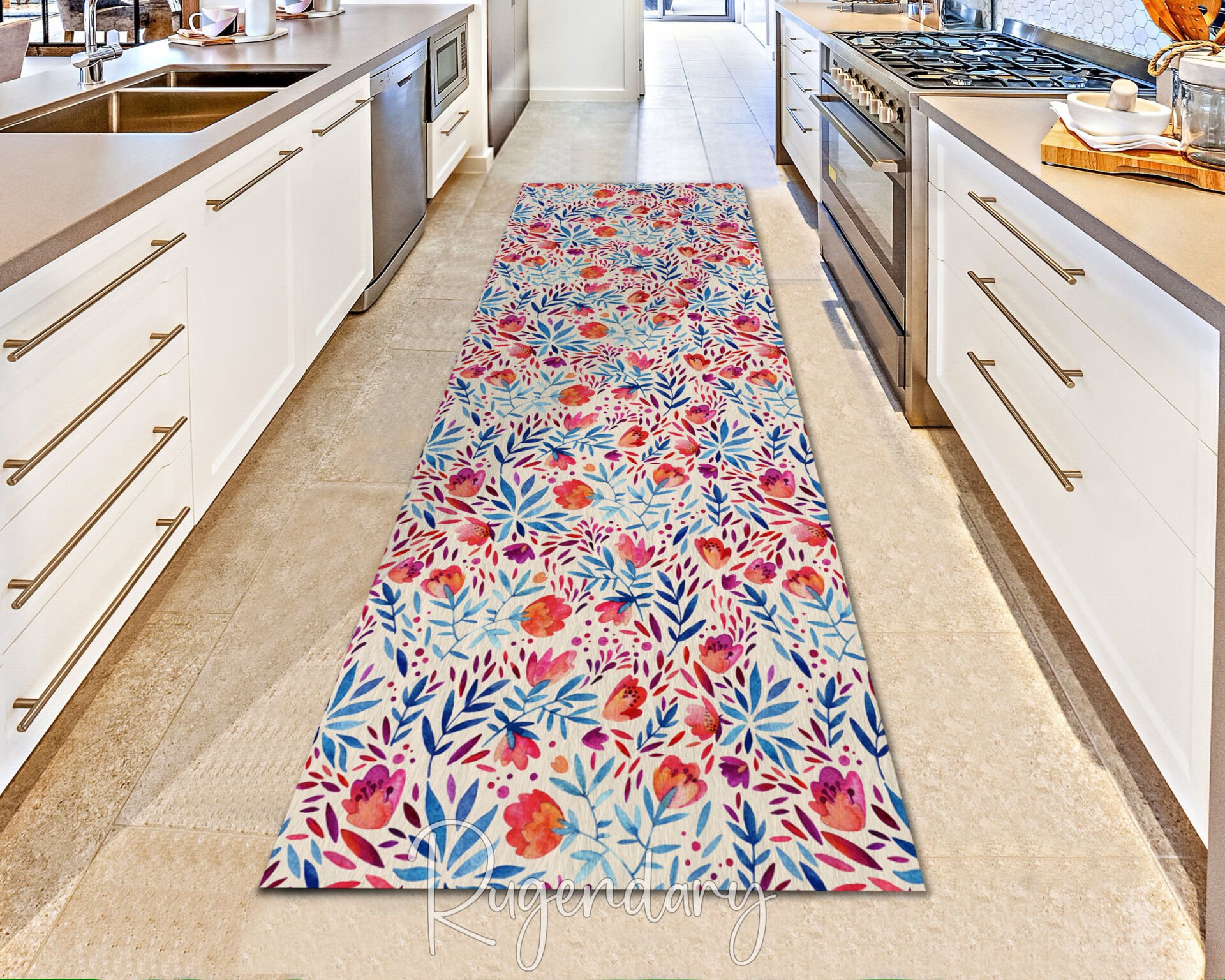 Vibrant Floral Runner Rug – Colorful Watercolor Botanical Hallway Carpet