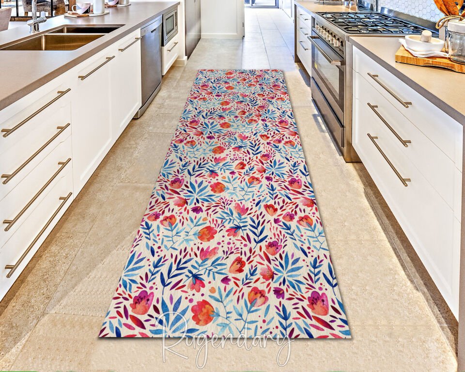 Vibrant Floral Runner Rug – Colorful Watercolor Botanical Hallway Carpet