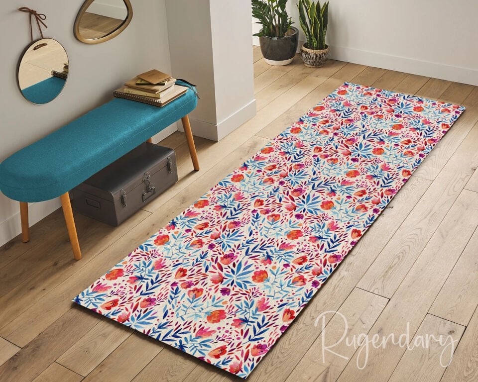 Vibrant Floral Runner Rug – Colorful Watercolor Botanical Hallway Carpet