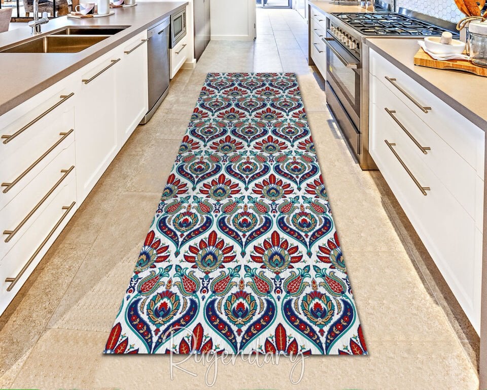 Red & Blue Floral Runner Rug – Turkish Style Hallway Carpet