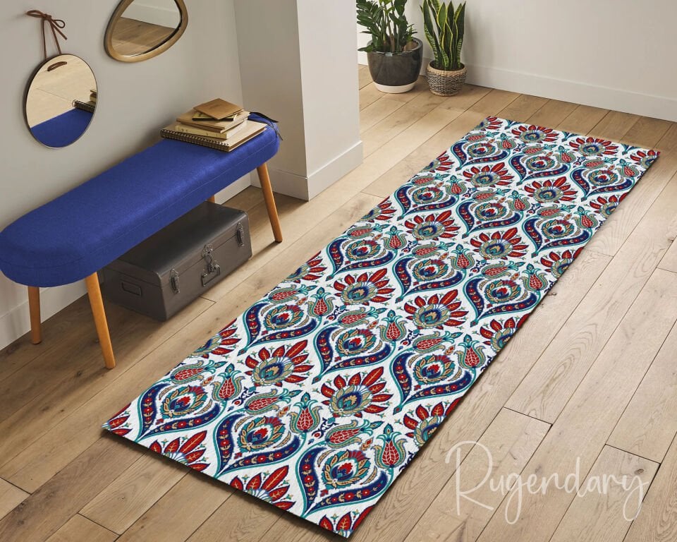 Red & Blue Floral Runner Rug – Turkish Style Hallway Carpet