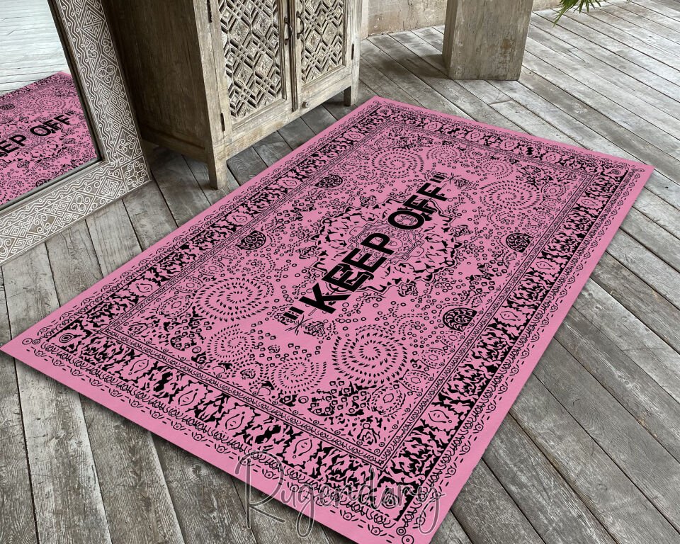 Pink ''KEEP OFF'' Area Rug – Modern Statement Living Room Carpet