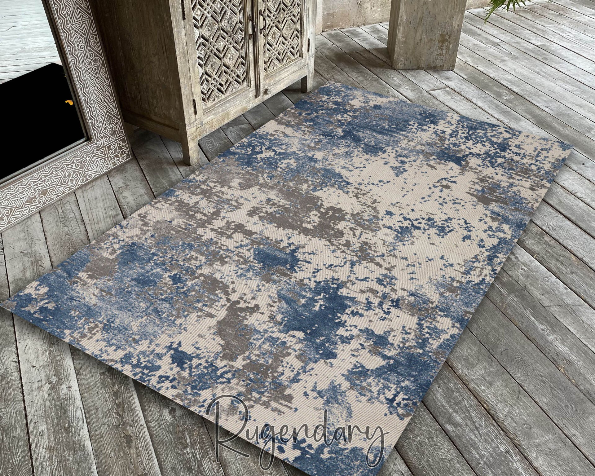 Modern Abstract Living Room Rug – Blue and Gray Contemporary Design