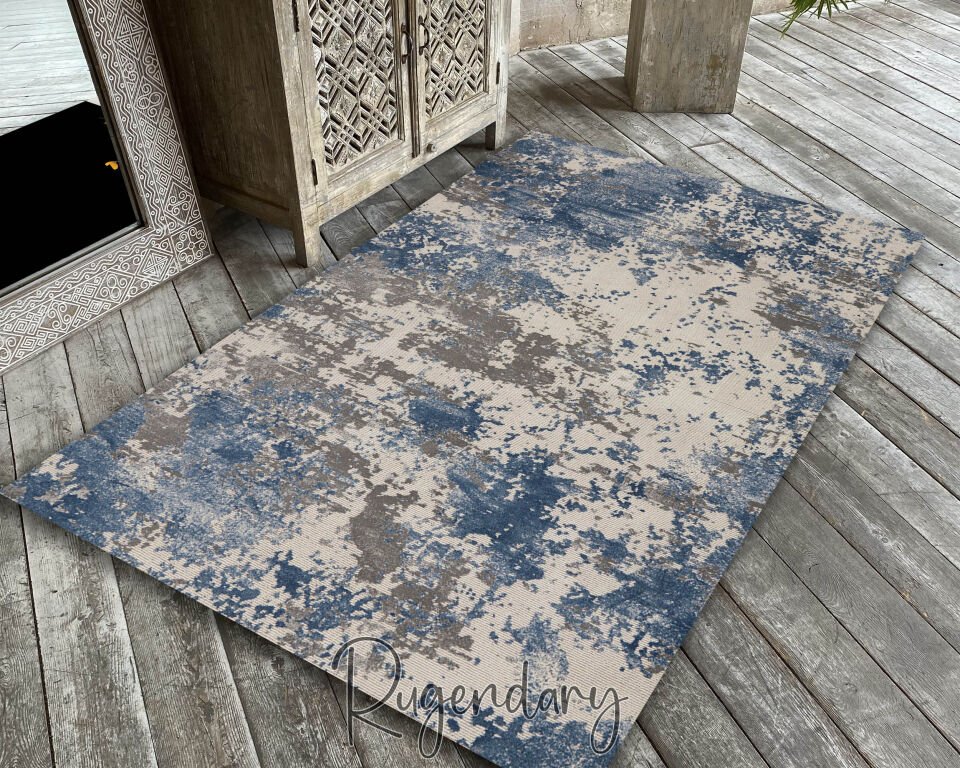 Modern Abstract Living Room Rug – Blue and Gray Contemporary Design