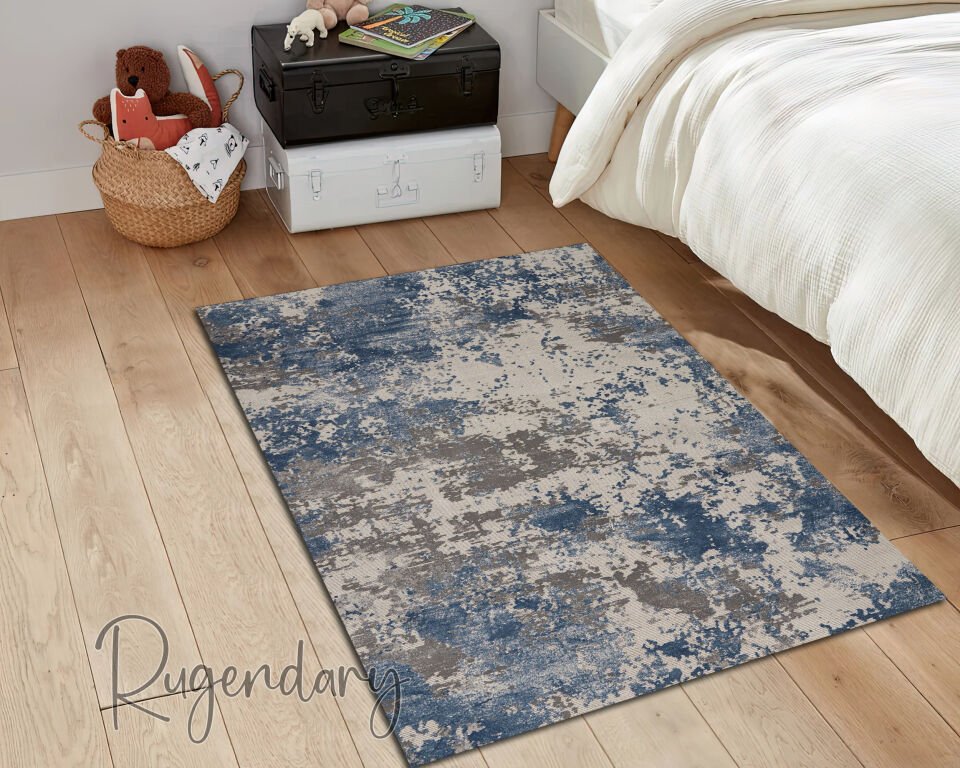 Modern Abstract Living Room Rug – Blue and Gray Contemporary Design