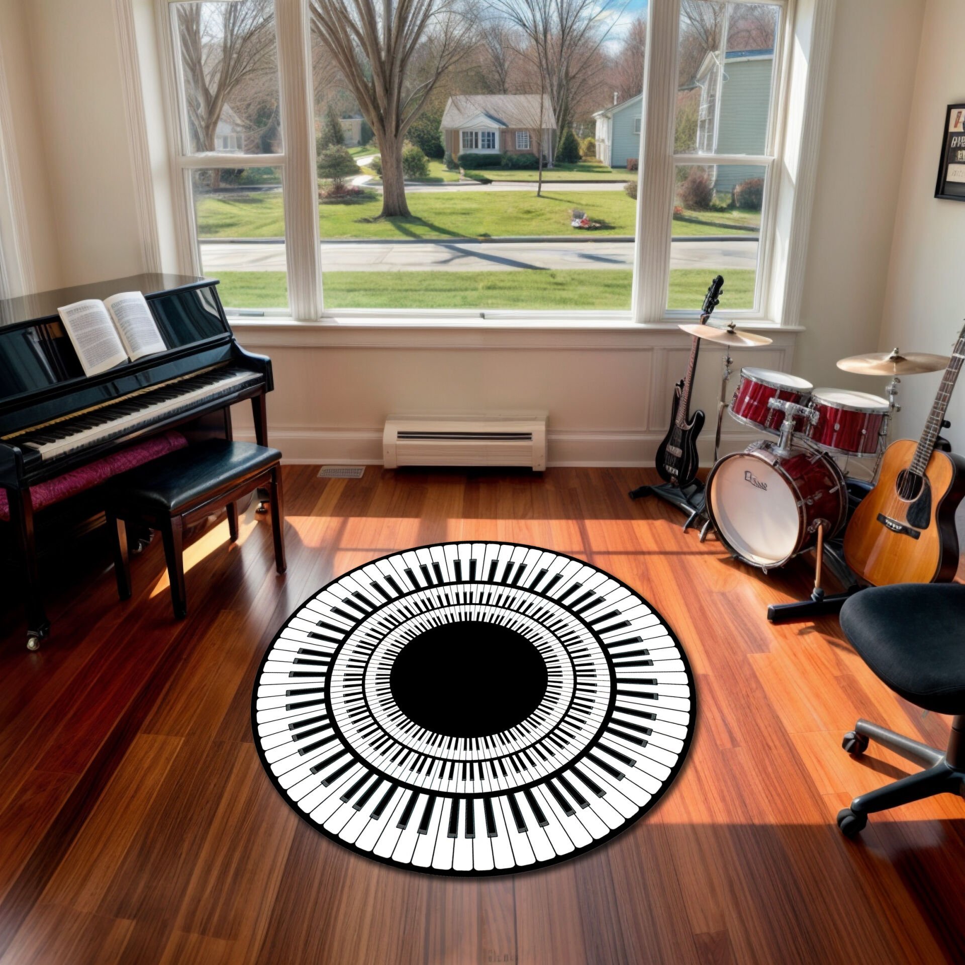 Round Piano Keys Rug – Black & White Music Room Carpet