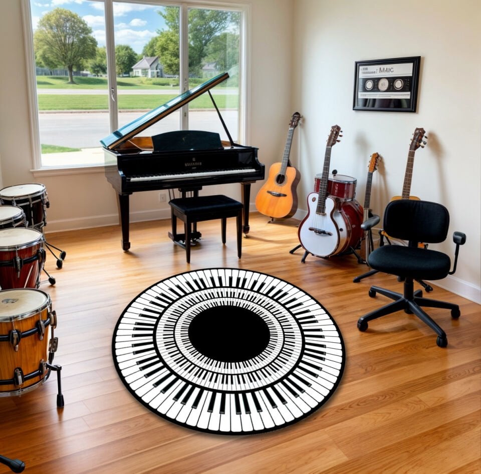 Round Piano Keys Rug – Black & White Music Room Carpet