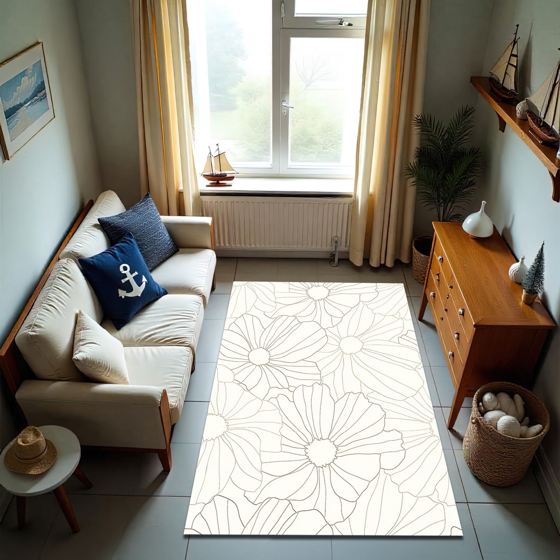 Minimalist Floral Line Art Rug – Elegant Cream Area Carpet